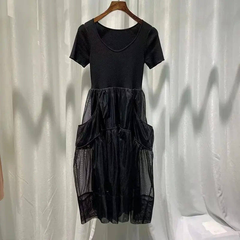 Knitted Dress 2023 Summer High Quality Casual Dress Women Knitted Mesh Patchwork Short Sleeve Mid-Calf Length Black Dress Gown