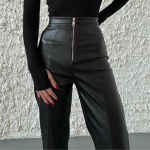 Pantaloni a gamba larga in <span class=keywords><strong>pelle</strong></span> PU a vita alta tinta unita con spacco sull'orlo Autunno/Inverno Sehe Fashion - Product Image 3