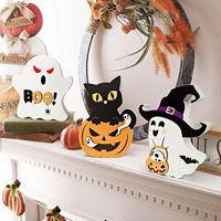Lot de 3 décorations de table en bois pour Halloween : fantôme, chat noir, citrouille, panneau 'Boo', ornement sur pied