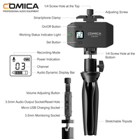 Microphone sans fil pour smartphone COMICA CVM-WS50(H) à 6 canaux, à condensateur cardioïde, en métal, avec émetteur portable, lumières LED, en temps réel
