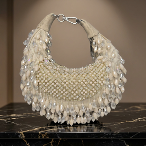 Elegant Beaded Half <b>Moon</b> Evening Bag With <b>Crystal</b> Pearls And Ring Strap For Party - Product Image 2