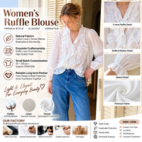 Blus Wanita Putih Ruffle V-Neck Pintuck Puff Sleeve Gaya Romantis Prancis Vintage Boho Atasan OEM ODM Produsen