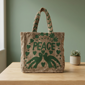 Wholesale Custom Handmade Brown Velvet Tote <b>Bag</b> Featuring Dark Green PEACE Lettering Doves Hearts and Floral Applique Embroidery - Product Image 6