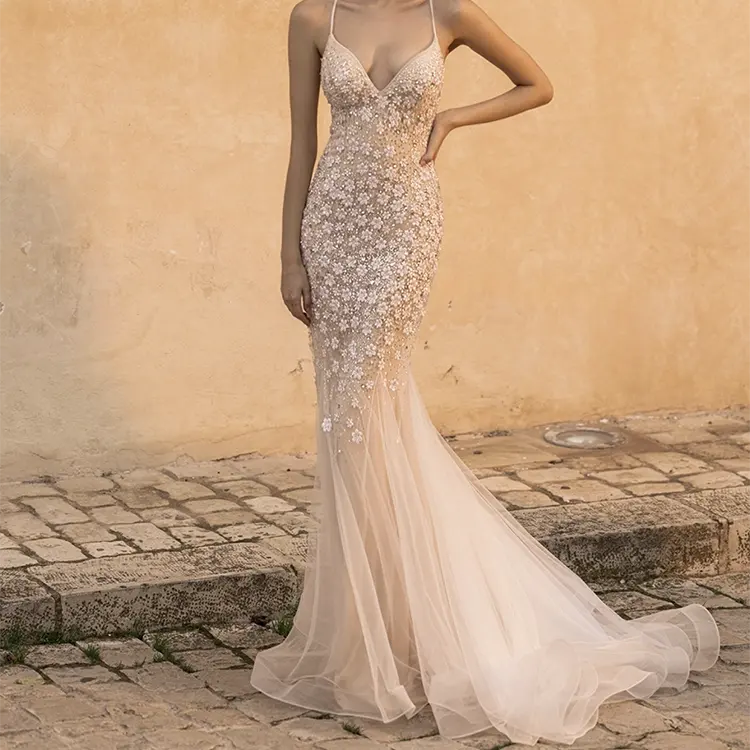 Sexy profondo scollo a v spaghetti strap sirena tulle ricamo abito da sposa elegante abito da sposa bianco abito da sposa