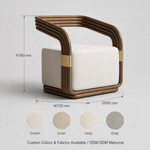 Fauteuil <span class=keywords><strong>de</strong></span> salon incurvé avec structure <span class=keywords><strong>en</strong></span> bois cannelé, accents <span class=keywords><strong>en</strong></span> laiton, coussin <span class=keywords><strong>en</strong></span> bouclette crème, fauteuil sculptural pour salon, personnalisable OEM ODM - Product Image 4