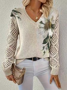 Maglione Vintage <span class=keywords><strong>da</strong></span> Donna con Scollo a V, Maniche Lunghe Traforate, Traspirante, Lavorato a Maglia, Stampa Floreale Bianca, Casual per Uso Quotidiano, Versatile per Casa e Ufficio - Product Image 3