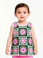 Gaun Rompi Tanpa Lengan Rajutan Tangan Motif Granny Square untuk Bayi Perempuan, Pakaian Musim Panas Balita Rajutan Berongga Motif Bunga Warna-warni, Atasan Rajut Anak