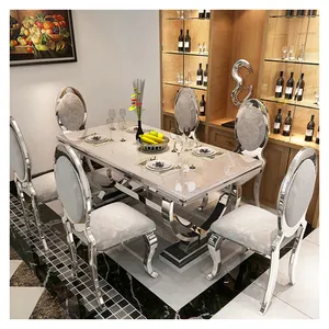 Mobiliário comercial mesa de jantar e 6 cadeiras retangular restaurante metal aço inoxidável mármore conjunto de mesa