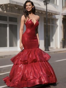 LY-PD0220 Formal <strong>Red</strong> <strong>Sequin</strong> Mermaid V-neck Off-Shoulder Sleeveless Floor-Length Sweep Train Modern Party Gown 100% Polyester - Product Image 1