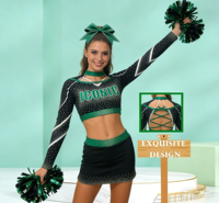 Uniforme de cheerleaders pour filles en strass noir et vert |   Ensemble jupe deux pièces dos croisé à col montant pour compétitions, service OEM