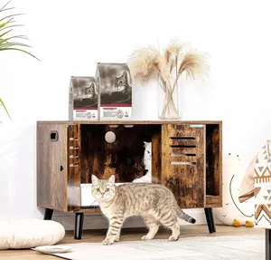 Personalizar muebles de madera maciza Casa de mascotas moderna casa de madera para gatos y gabinete de baño con alfombrilla para rascar caja de arena para gatos - Product Image 4