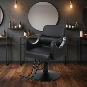 Sillón de Barbería Hidráulico Reclinable en Metal Dorado, Mueble de Estilismo Gris para Barbería, Salón de Belleza y Estudio de Estética - Product Image 6