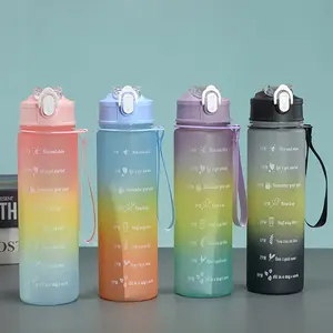 Botella de agua motivacional deportiva de plástico con pajita, botella degradada libre de BPA de 1 litro, 32oz con asa