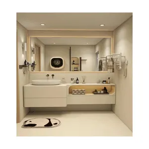 사용자 정의 현대 고급 현대 욕실 화장대 세트 전문 부동 화장대 래커 마무리 강철 나무 MDF 거울