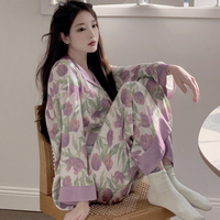 Ensemble de pyjama en soie glacée pour femmes printemps et été haut à manches longues et pantalon pleine longueur, costume de nuit confortable imprimé fleur de tulipe