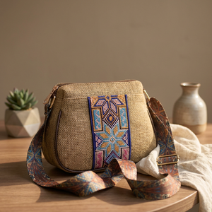 Bolso Bandolera de Lujo Personalizado, Bolso de Rafia Tejida con Bordado Geométrico de Jaipur, Correa Ancha Tipo Guitarra, Bolso de Mano para Mujer - Product Image 4