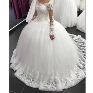 China Real Picture Sequin Kralen Kant Applicaties Lange Mouwen Baljurk Best Bridal Tulle Wedding Dress WF481