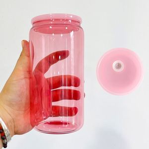 5 Colors Mixed Blank Sublimation 16oz Borosilicate clear Colored Candy Jelly Beer Glass Can with Colorful <b>Plastic</b> Lids - Product Image 5
