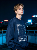 Sweat-shirt à col rond épais avec impression DTG Kornit, motif graphique cybernétique, style streetwear minimaliste, haut décontracté pour le quotidien