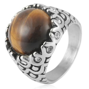 yunnique Men's <b>Titanium</b> Steel Brown Oval Gemstone <b>Ring</b> Bezel Setting Punk Style Fashion Jewelry Gift - Product Image 1