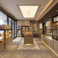 Vitrine à pain et gâteaux en verre trempé scellé, avec panneau en bois LED blanc chaud, beige chaud, style européen classique et quincaillerie dorée