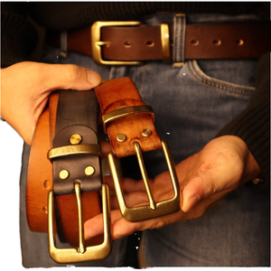 Ceinture en cuir de vache vintage pour hommes, style rétro américain, boucle carrée en cuivre pur, ceinture décontractée durable - Product Image 2
