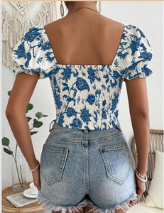 Haut bleu imprimé floral élégant, coupe ajustée, confortable, idéal pour les soirées en club, les fêtes, les tenues décontractées ou les voyages. - Product Image 2