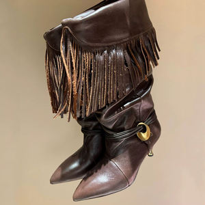 Stivaletti pieghettati Turn Over a pieghe tacchi <span class=keywords><strong>bassi</strong></span> da donna con frange di nappa scarpe stile retrò punta in Suede a punta stivaletti corti - Product Image 1