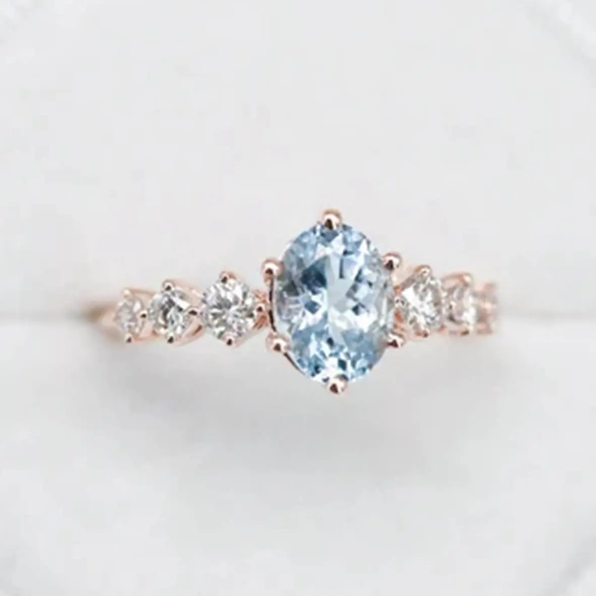 Delicado fantástico s925 anel de prata, prata de lei rosa dourado redondo cz oval azul amarino anel de noivado cluster dainty