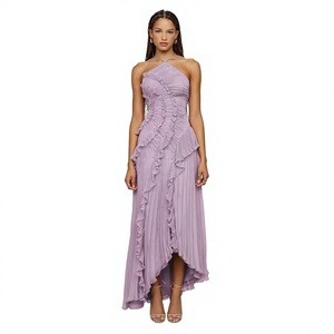 Robe en mousseline haut <span class=keywords><strong>de</strong></span> gamme exclusive transfrontalière pour femme, design plissé à volants, jupe midi amincissante, col licou, coupe crayon - Product Image 1