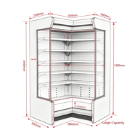 Réfrigérateur vertical d'angle à rideau d'air ouvert avec refroidissement direct, grande capacité personnalisée, pour la présentation de produits en supermarché