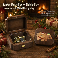 Boîte à musique en bois de noyer avec marqueterie, motif ours de Noël, système de commande coulissant Sankyo (jouer/arrêter), couvercle transparent, bord festonné, pour bijoux et bibelots, OEM