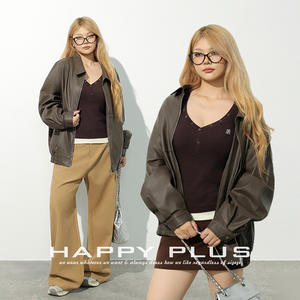 Veste en cuir PU marron cacao pour femmes grandes tailles Runqi N8805 Coupe ample Automne Tissu tissé en cuir fendu - Product Image 4