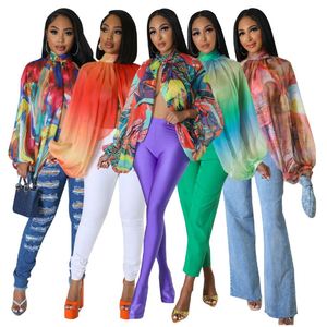 Promo Panas 2026 Blus Wanita Seksi Terbaru Model Draped Lengan Panjang Berenda Motif Cetak Bahan Sifon untuk Wanita - Product Image 3