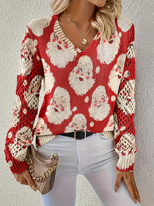 Suéter de punto con estampado de Papá Noel para mujer, suéter grueso con cuello en V y manga larga para invierno, jersey acogedor para las fiestas - Product Image 3