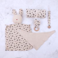 Coffret Cadeau Bébé OEM 5 Pièces : Doudou Lapin en Mousseline de Coton, Anneau de Dentition en Bois, Attache-Sucette, Bavoir – Idéal Naissance 0-12 Mois