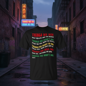 Camiseta con estampado de la frase: "Things We Did Built This City Shot The Sheriff Start" - Product Image 3