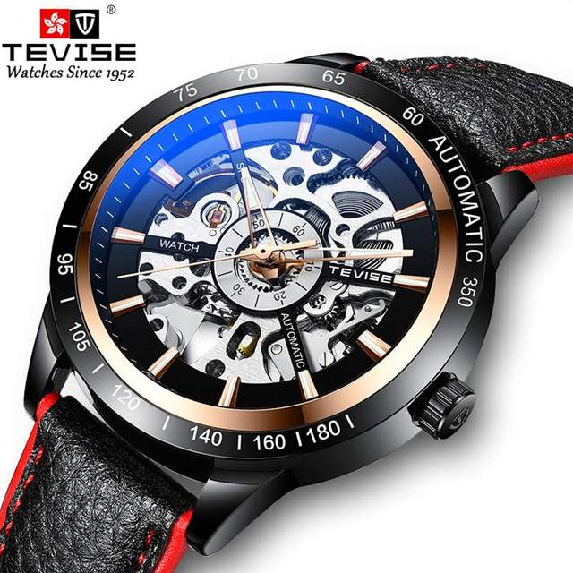 TEVISE Top Brand Men Mechanical Watch Automatic Fashion Skeleton Dial Luxury Leather Business Male Clock T868 Relogio Masculino
