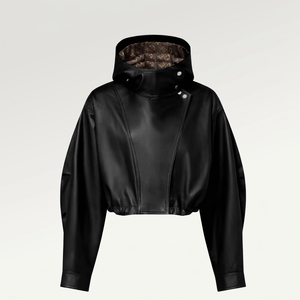 <b>Black</b> PU Leather Jacket Hooded Short Sleeve Windproof Zipper Front Button Decorative Motorbike Style Men's <b>Coat</b> - Product Image 1
