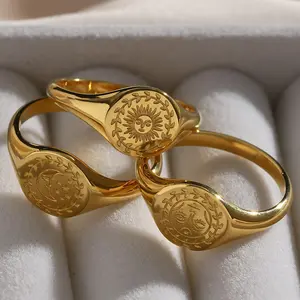 แหวนทอง 18K ที่กําหนดเองแกะสลักวินเทจอินเทรนด์สแตนเลส PVD ชุบดวงจันทร์พระอาทิตย์เทพธิดาคู่ที่กําหนดเองเครื่องประดับหญิง