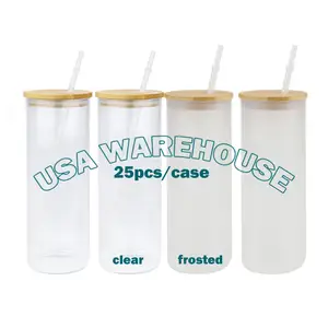 USA Warehouse stocked 20oz Borosilicate straight sublimation blanks clear frosted glass tumbler heat press with straw