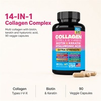 Capsules de collagène multi-sources à marque privée 14-en-1 avec 10 000 mcg de biotine, kératine et acide hyaluronique pour cheveux, peau et ongles
