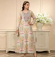 Robe longue ample vintage en polyester à col en V, imprimé floral patchwork, broderie décorative, manches longues, anti-plis, pour femmes adultes