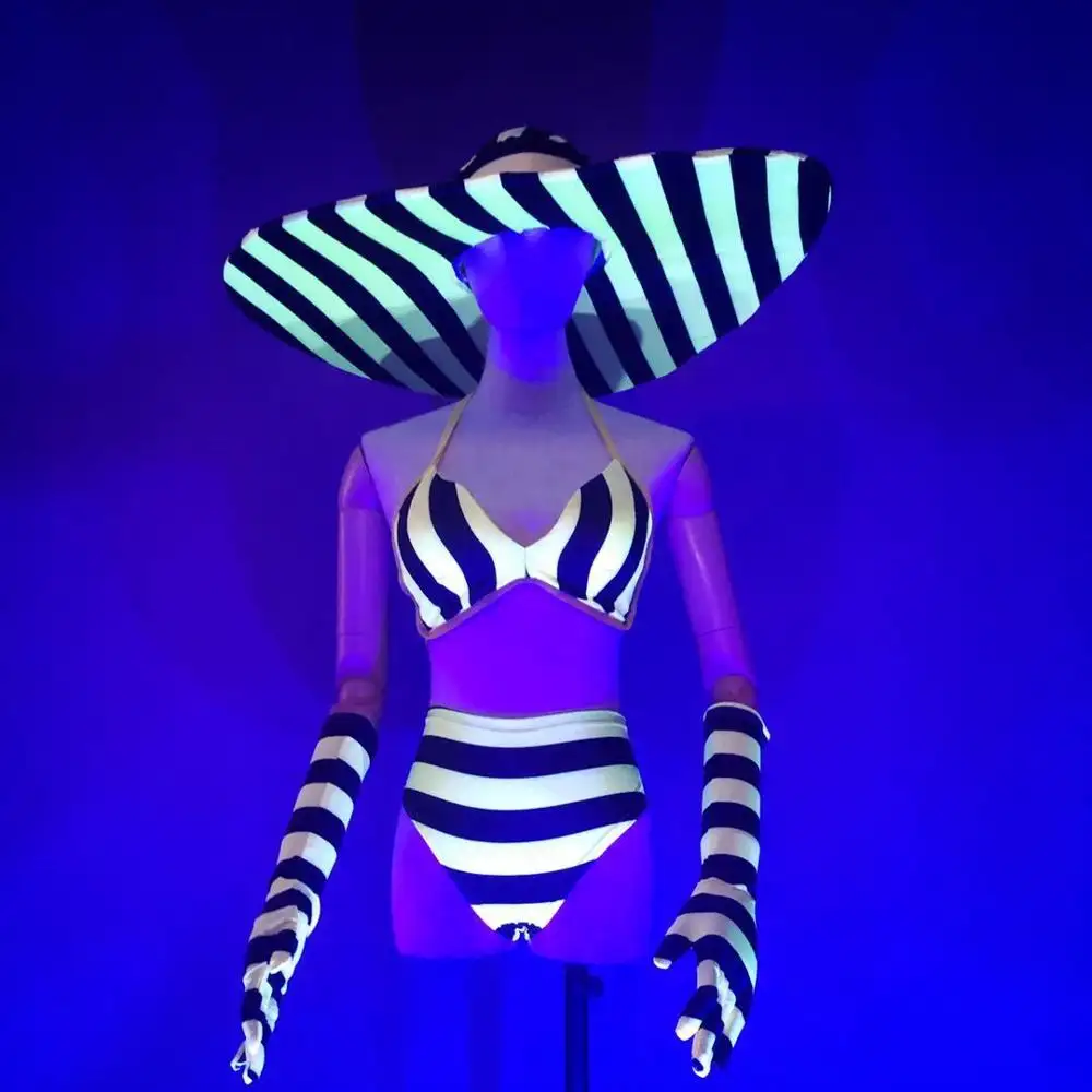 Kostum Klub Malam Wanita, Kostum Dansa Tahun Baru Garis Kuning Menyala Dalam Gelap untuk Pesta Zebra