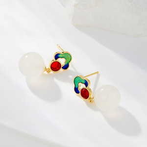 Auspicious Cloud Earrings Geometric Enamel Imitation Jade 925 Silver Studs For Cheongsam Hanfu Wear - Product Image 1