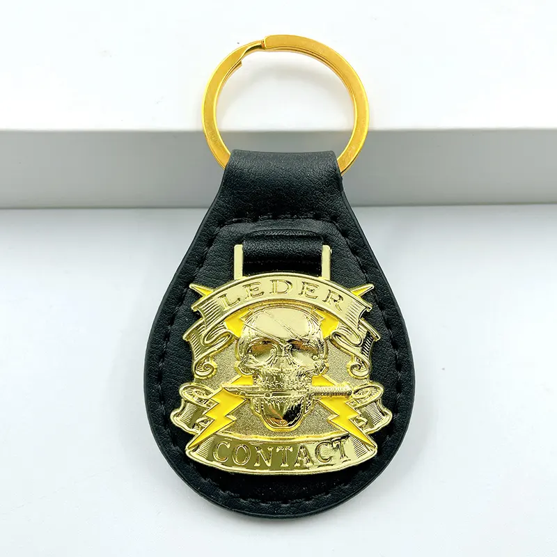 Wholesale Custom Metal Logo PU Leather Keychain Embossed Logo Keyring Fill Enamel Colors Leather Keychain