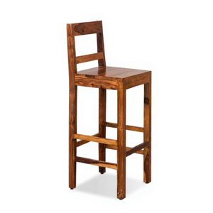 Taburete de bar de madera maciza de teca con respaldo alto y escalones integrados para reposapiés - Product Image 1