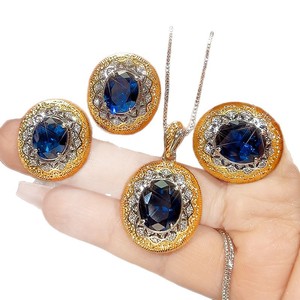 Vintage Eco-friendly Copper Blue Cubic Zirconia <strong>Jewellery</strong> Sets 10*12-8*10mm Royal Blue Zircon Necklace Earrings Matching Set <strong>tu</strong> - Product Image 2
