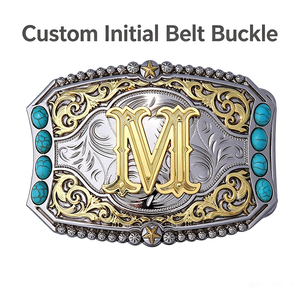 Boucle de ceinture personnalisée 32-38 mm style western cowboy avec incrustation turquoise, initiale, en alliage de zinc, motif floral orné pour homme, accessoire de ceinture pour pantalon en jean - Product Image 1