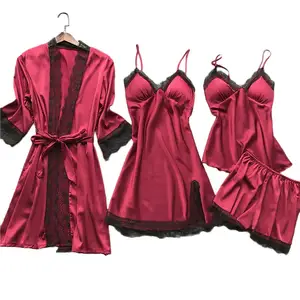 5PC Seide Robe Schlafanzug Damen Spitze Satin Pyjama Kleid Set V-Ausschnitt Cami Nachthemden tragen Pyjamas Home Nachtwäsche Frauen Nachthemd